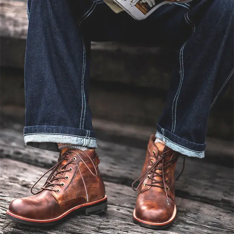 Luxury Designer Brand Casual Men Shoes Handmade Vintage British Dress Ankle Boots Round Toe Platform Tooling Motorcycle Boots