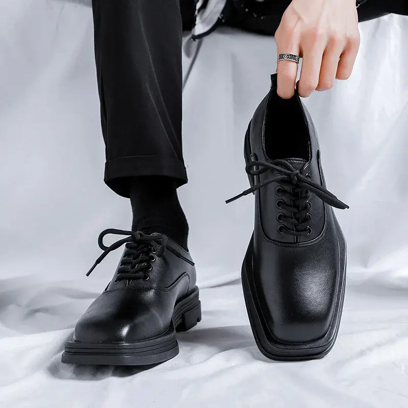 Fashion Black Men Casual Shoes Vintage British Lace-up Square Toe Dress Loafers Business Wedding Designer Height Increasing Shoe