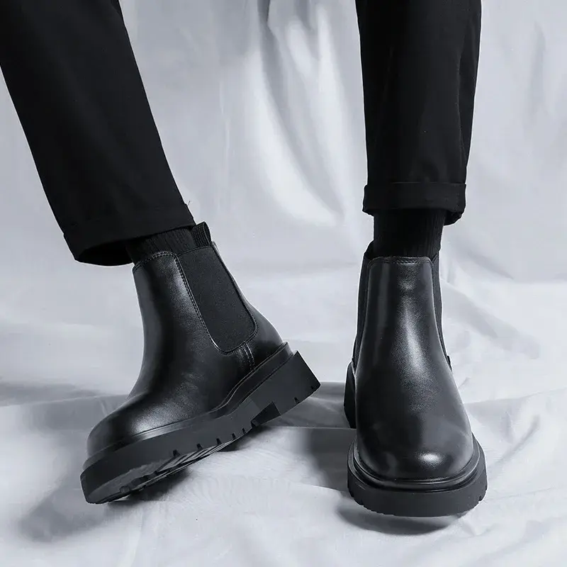 New Handmade Autumn Winter Top Quality Men Leather Shoes Business Work Ankle Boots Slip-On Round Toe Black Outdoor Chelsea Boots