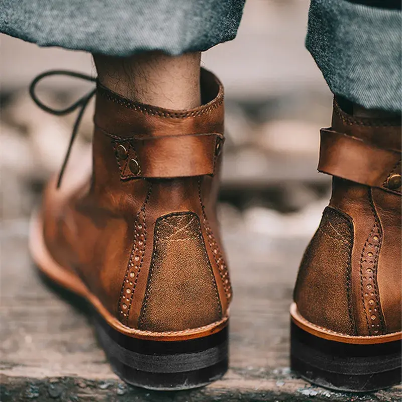 Luxury Designer Brand Casual Men Shoes Handmade Vintage British Dress Ankle Boots Round Toe Platform Tooling Motorcycle Boots