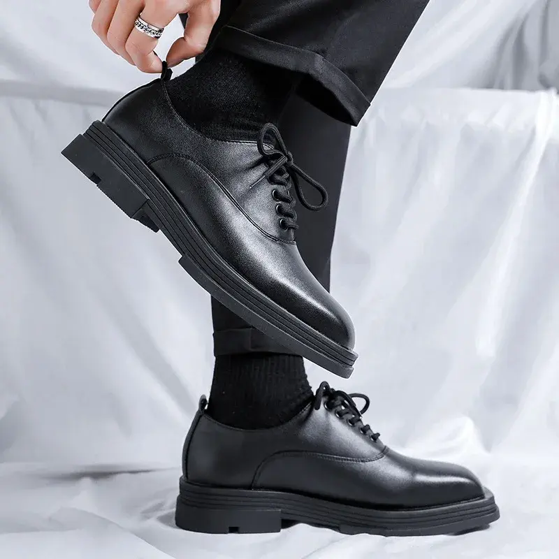 Fashion Black Men Casual Shoes Vintage British Lace-up Square Toe Dress Loafers Business Wedding Designer Height Increasing Shoe