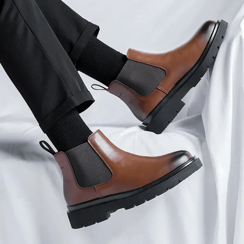 New Handmade Autumn Winter Top Quality Men Leather Shoes Business Work Ankle Boots Slip-On Round Toe Black Outdoor Chelsea Boots
