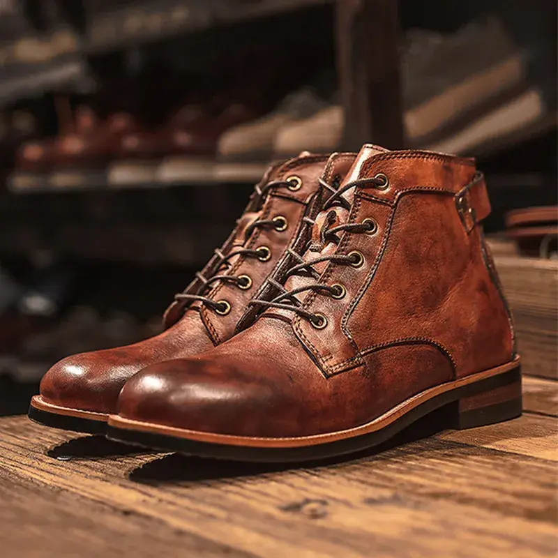 Luxury Designer Brand Casual Men Shoes Handmade Vintage British Dress Ankle Boots Round Toe Platform Tooling Motorcycle Boots