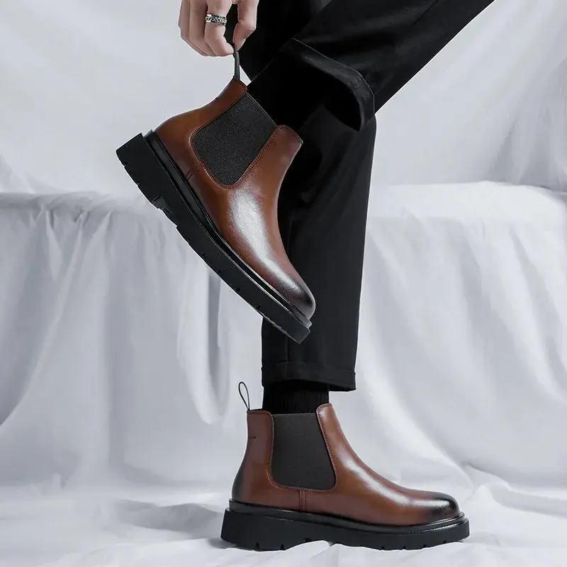 New Handmade Autumn Winter Top Quality Men Leather Shoes Business Work Ankle Boots Slip-On Round Toe Black Outdoor Chelsea Boots