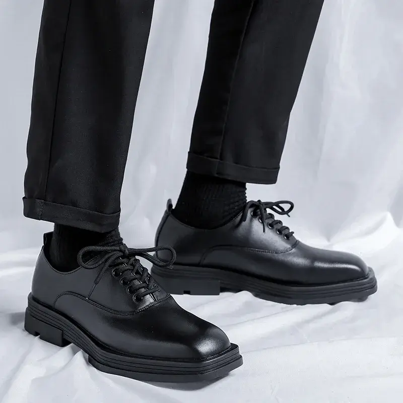 Fashion Black Men Casual Shoes Vintage British Lace-up Square Toe Dress Loafers Business Wedding Designer Height Increasing Shoe