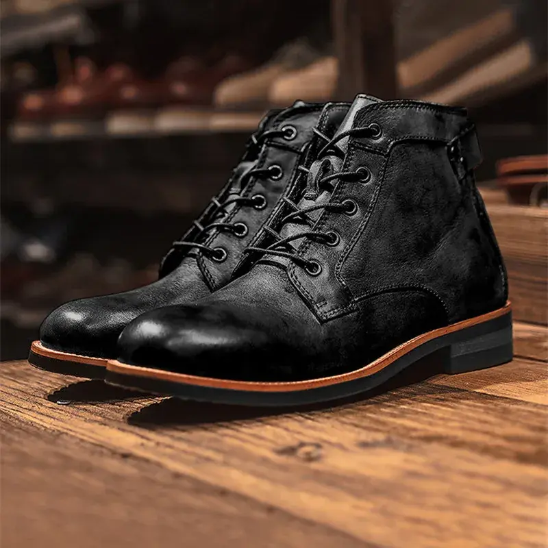 Luxury Designer Brand Casual Men Shoes Handmade Vintage British Dress Ankle Boots Round Toe Platform Tooling Motorcycle Boots