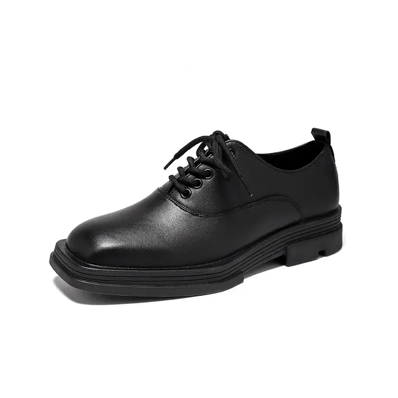 Fashion Black Men Casual Shoes Vintage British Lace-up Square Toe Dress Loafers Business Wedding Designer Height Increasing Shoe