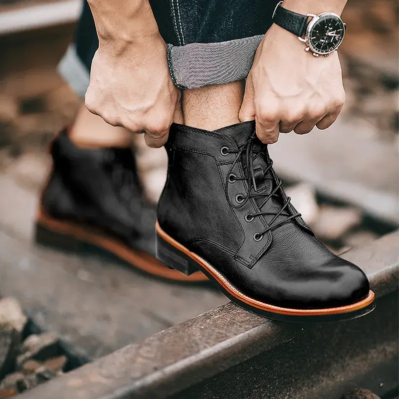 Luxury Designer Brand Casual Men Shoes Handmade Vintage British Dress Ankle Boots Round Toe Platform Tooling Motorcycle Boots