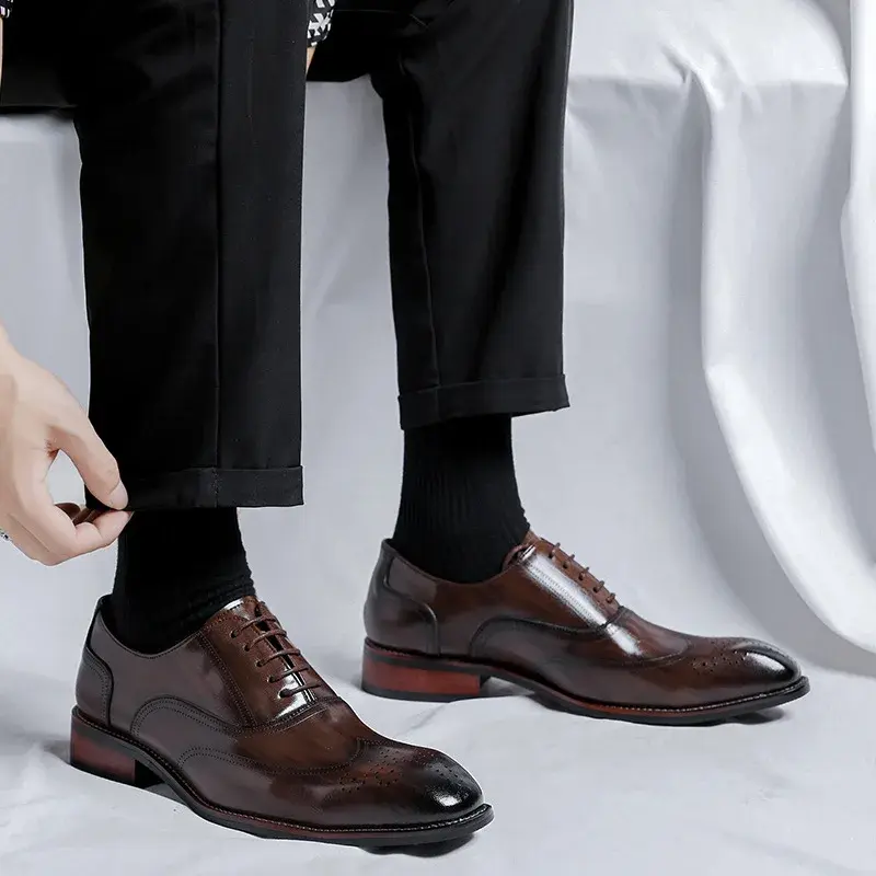 Men Luxury Leather Shoes Pointed Toe Lace-up British Loafers Casual Formal Dress Oxford Shoes Business Wedding Mens Wedge Shoes