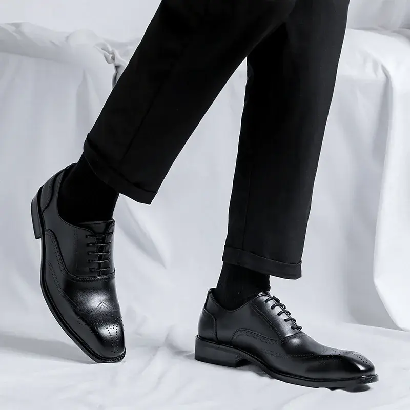 Men Luxury Leather Shoes Pointed Toe Lace-up British Loafers Casual Formal Dress Oxford Shoes Business Wedding Mens Wedge Shoes