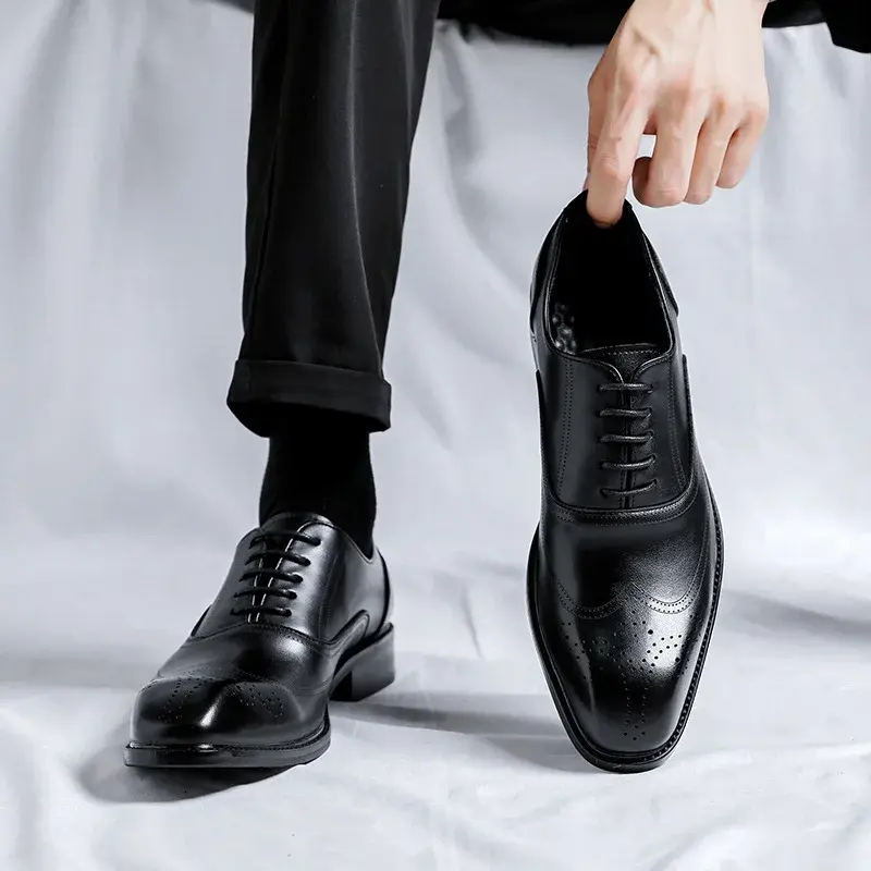 Men Luxury Leather Shoes Pointed Toe Lace-up British Loafers Casual Formal Dress Oxford Shoes Business Wedding Mens Wedge Shoes