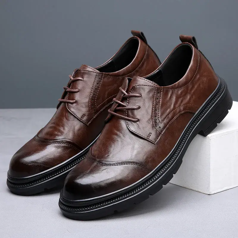 Men Business Dress Leather Shoes British Vintage Loafers Spring Autumn Pointed Toe Lace-up Derby Shoes Work Wedding Oxfords