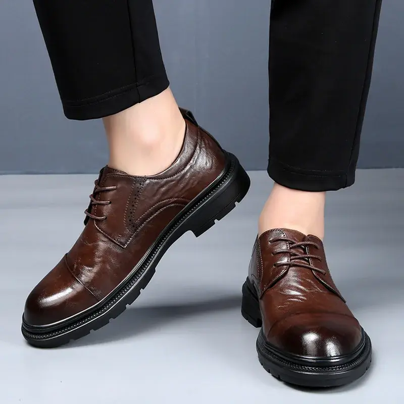 Men Business Dress Leather Shoes British Vintage Loafers Spring Autumn Pointed Toe Lace-up Derby Shoes Work Wedding Oxfords