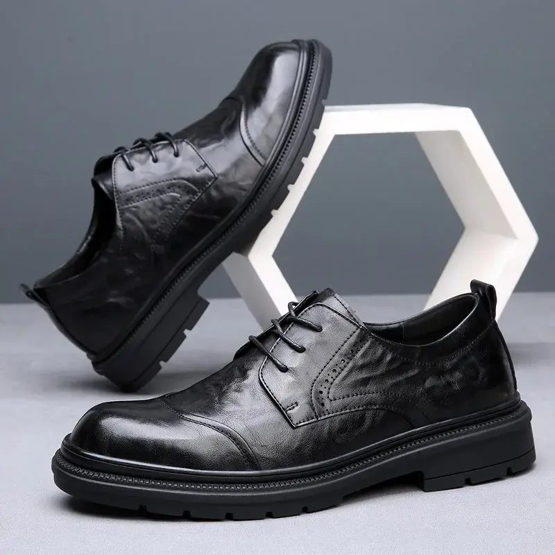 Men Business Dress Leather Shoes British Vintage Loafers Spring Autumn Pointed Toe Lace-up Derby Shoes Work Wedding Oxfords
