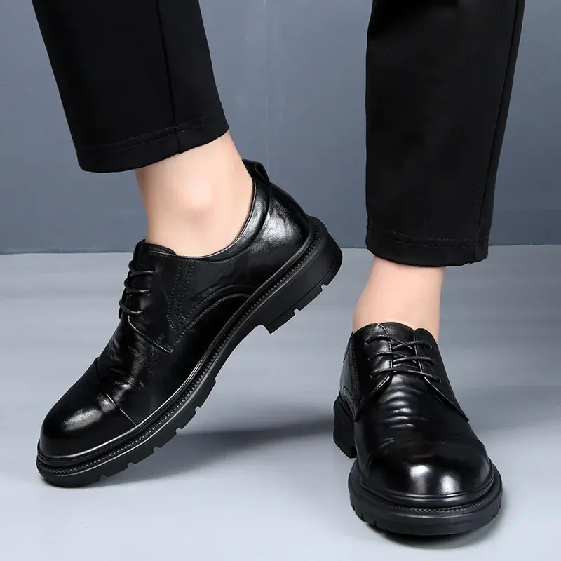 Men Business Dress Leather Shoes British Vintage Loafers Spring Autumn Pointed Toe Lace-up Derby Shoes Work Wedding Oxfords