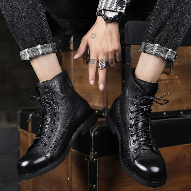 New Spring Autumn Fashion Vintage British Men Leather Shoes High Quality Ankle Boots Outdoor Work Boots for Men Platform Boots