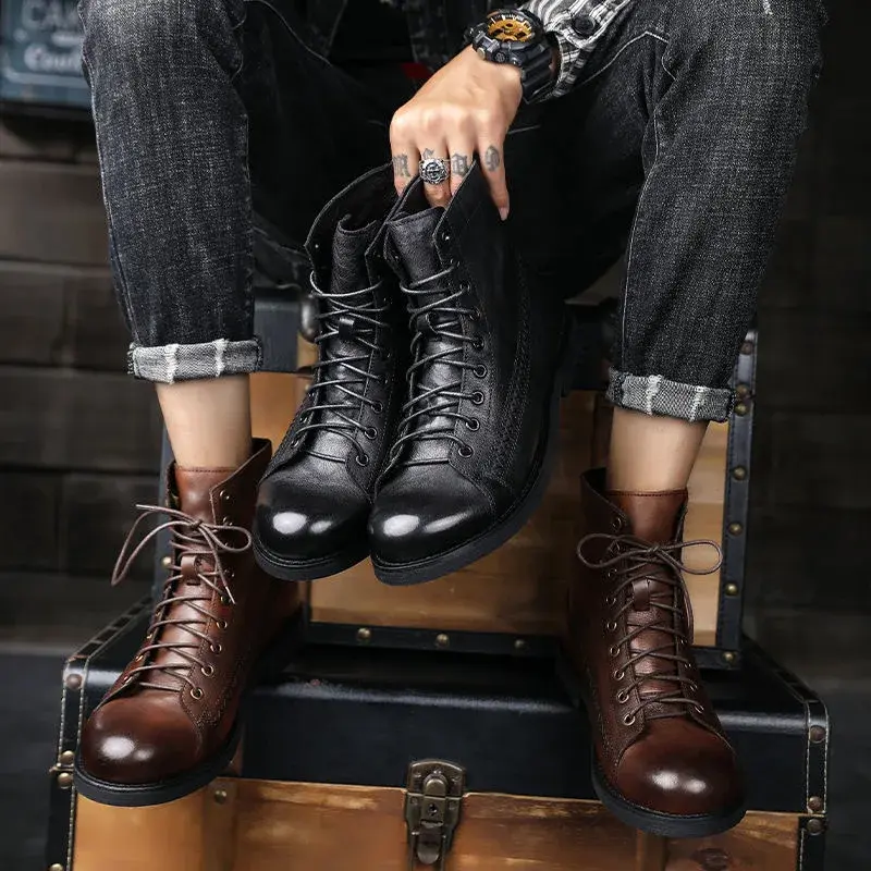 New Spring Autumn Fashion Vintage British Men Leather Shoes High Quality Ankle Boots Outdoor Work Boots for Men Platform Boots