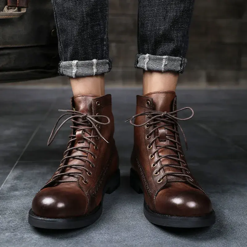 New Spring Autumn Fashion Vintage British Men Leather Shoes High Quality Ankle Boots Outdoor Work Boots for Men Platform Boots