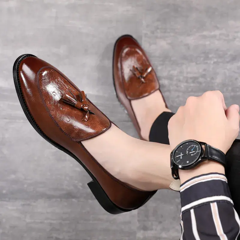 2025 New Luxury British Men Causal Shoes Spring Formal Dress Leather Shoes Tassel Business Wedding Loafers Oxfords Slip-On Wedge
