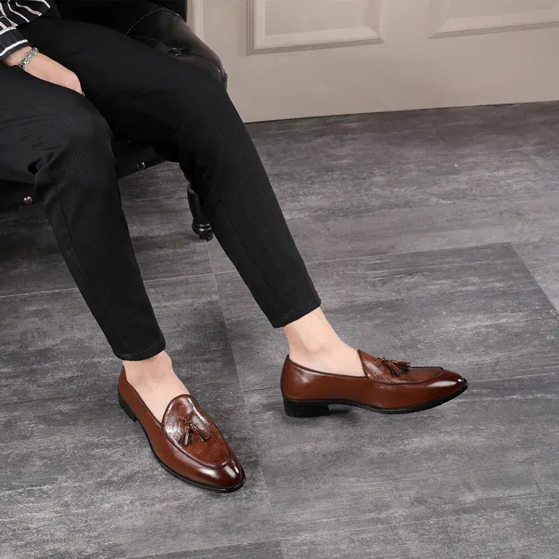 2025 New Luxury British Men Causal Shoes Spring Formal Dress Leather Shoes Tassel Business Wedding Loafers Oxfords Slip-On Wedge