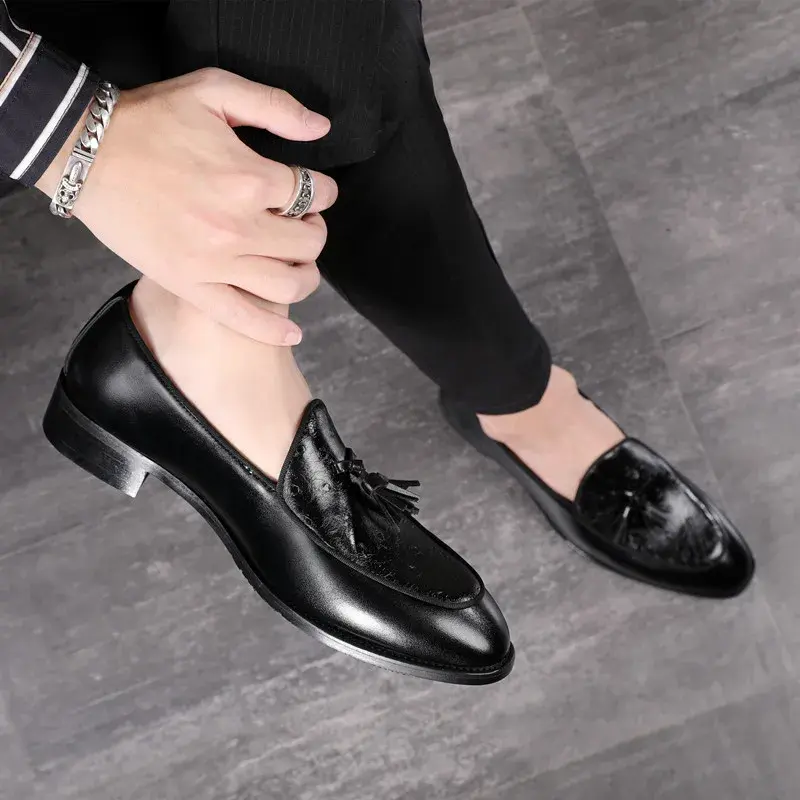 2025 New Luxury British Men Causal Shoes Spring Formal Dress Leather Shoes Tassel Business Wedding Loafers Oxfords Slip-On Wedge