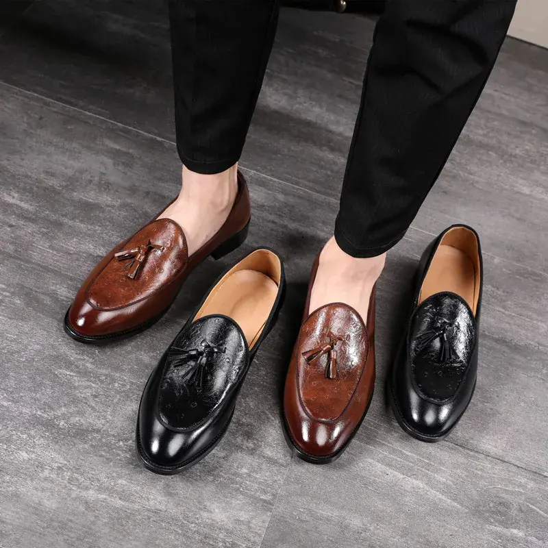2025 New Luxury British Men Causal Shoes Spring Formal Dress Leather Shoes Tassel Business Wedding Loafers Oxfords Slip-On Wedge