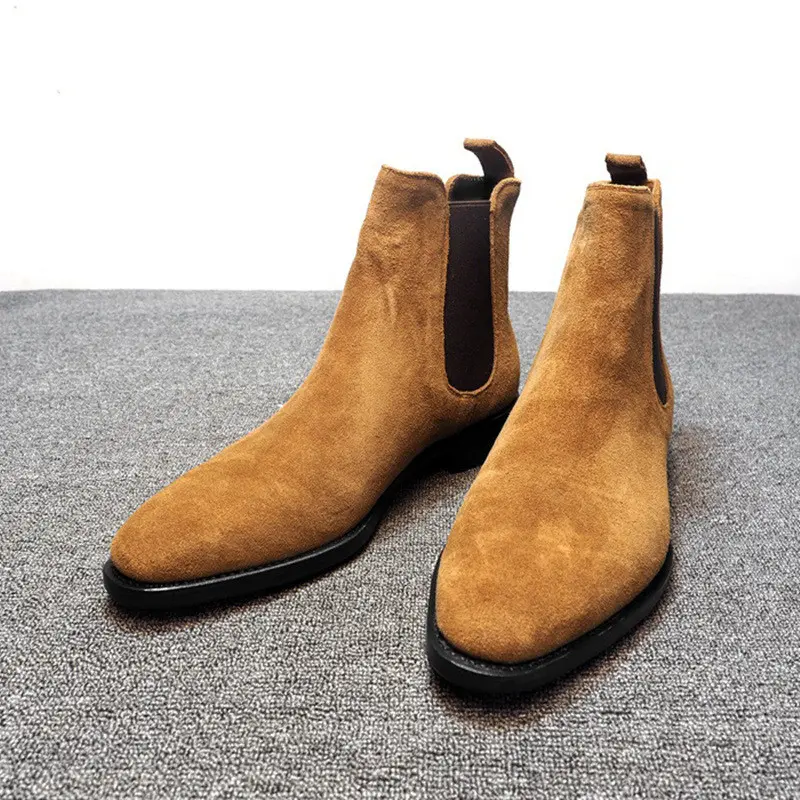 Yomior New Autumn Winter Cow Suede Leather Boots Casual Dress Wedge Ankle Boots Vintage Men's Shoes Pointed Toe Chelsea Boots