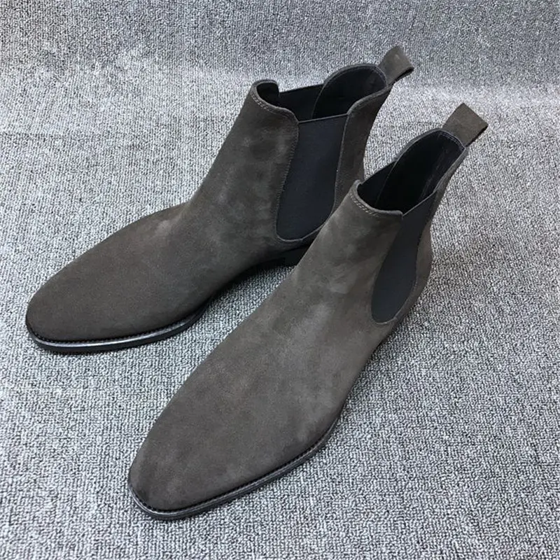 Yomior New Autumn Winter Cow Suede Leather Boots Casual Dress Wedge Ankle Boots Vintage Men's Shoes Pointed Toe Chelsea Boots