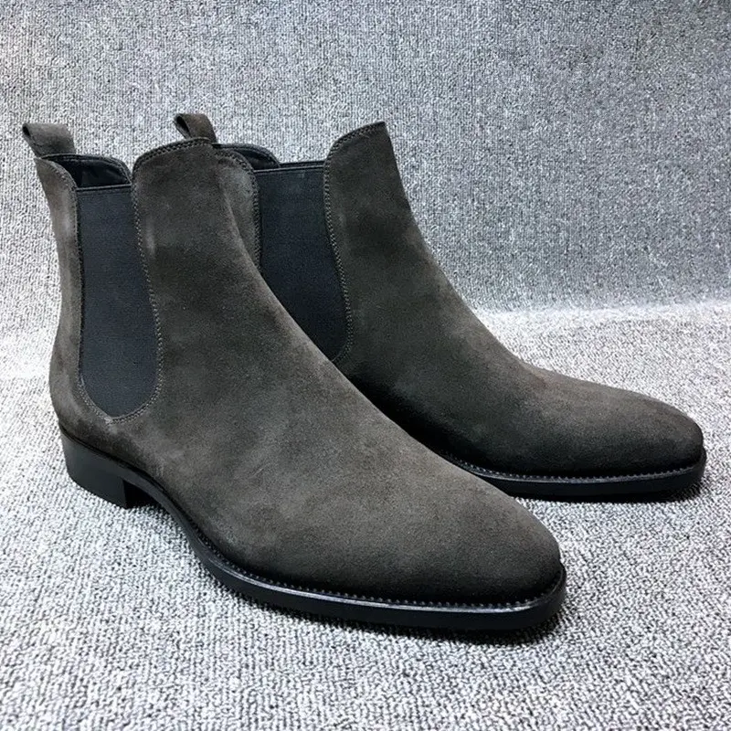 Yomior New Autumn Winter Cow Suede Leather Boots Casual Dress Wedge Ankle Boots Vintage Men's Shoes Pointed Toe Chelsea Boots