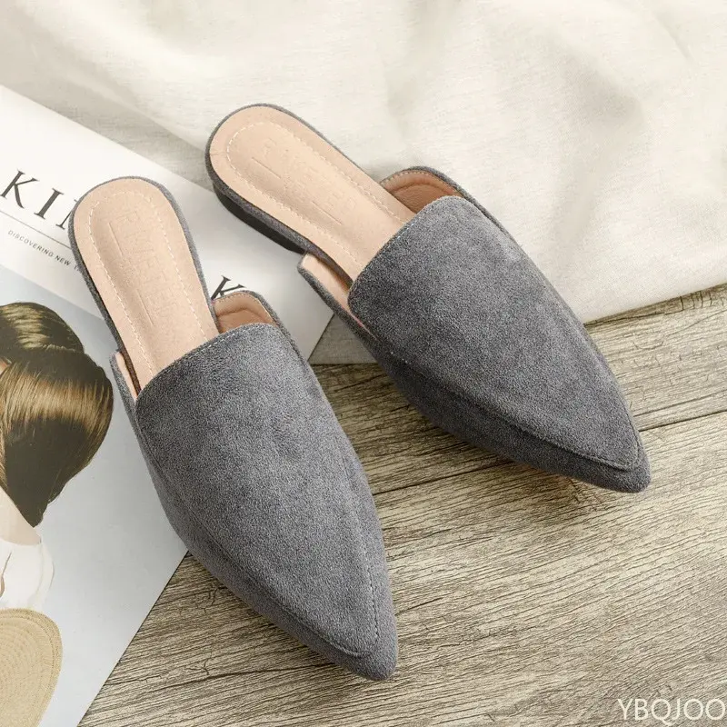 2025Baotou Flat Pointed Half Slippers Women's Suede Black Mules Large Sizes 42 Female Breathable Shoes босоножки женские