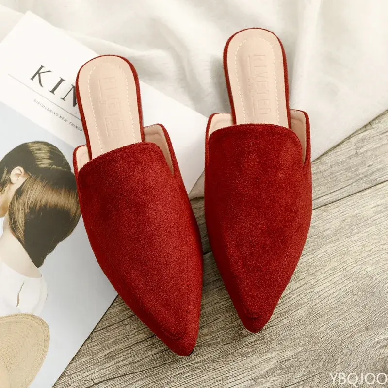 2025Baotou Flat Pointed Half Slippers Women's Suede Black Mules Large Sizes 42 Female Breathable Shoes босоножки женские