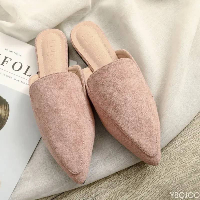 2025Baotou Flat Pointed Half Slippers Women's Suede Black Mules Large Sizes 42 Female Breathable Shoes босоножки женские