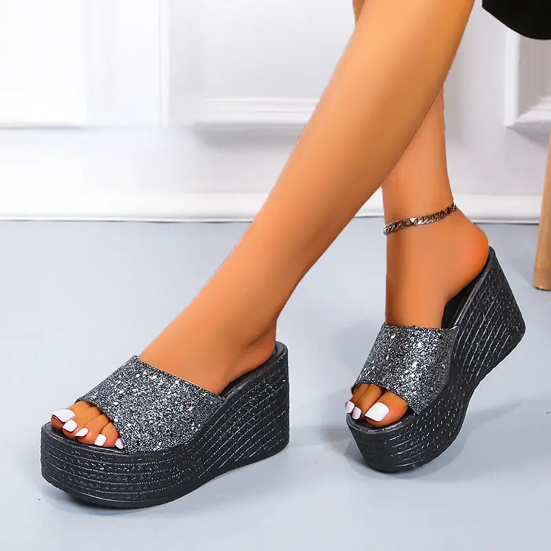 Sequined High-heeled One-word Slippers Women Summer Outer Wear Platform Beach Comfort Sandals on Offer 2023