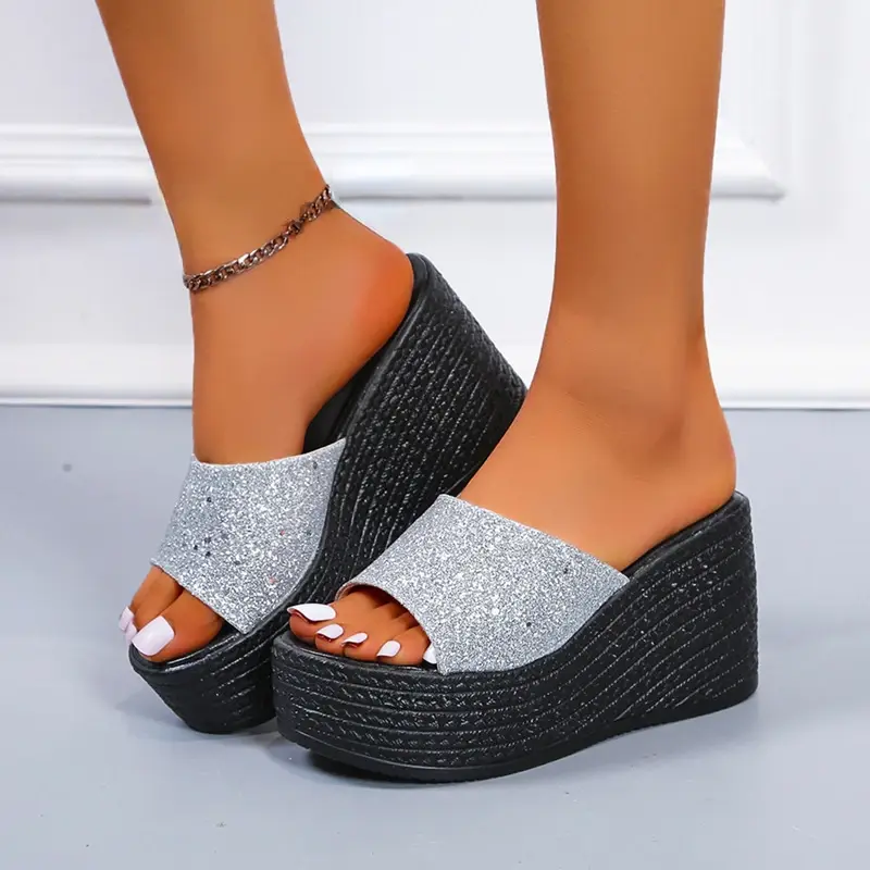 Sequined High-heeled One-word Slippers Women Summer Outer Wear Platform Beach Comfort Sandals on Offer 2023