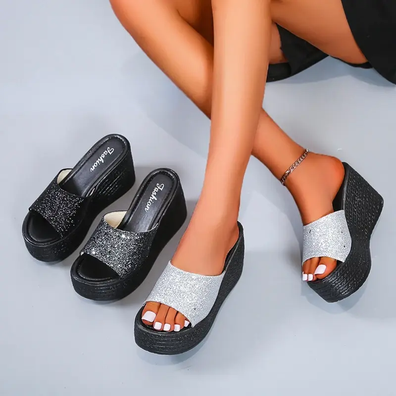 Sequined High-heeled One-word Slippers Women Summer Outer Wear Platform Beach Comfort Sandals on Offer 2023