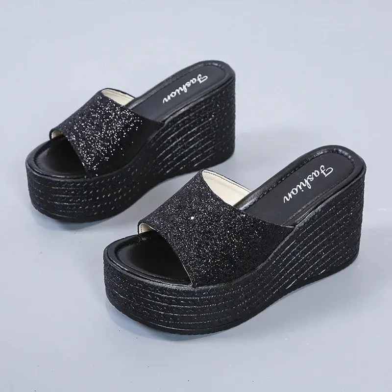 Sequined High-heeled One-word Slippers Women Summer Outer Wear Platform Beach Comfort Sandals on Offer 2023