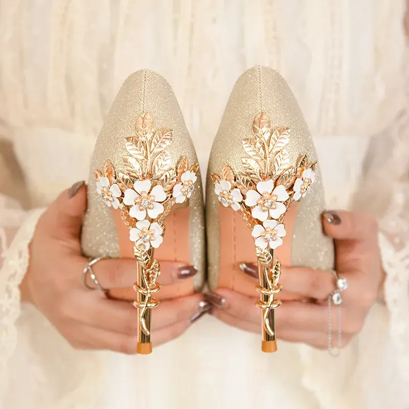 High End Metal Flower High Heels New European American Fashion Luxury Sexy Pointed Women's Shoes Banquet Party Casual Shoes