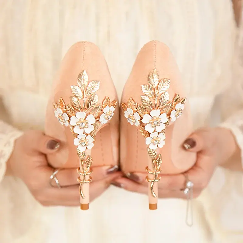 High End Metal Flower High Heels New European American Fashion Luxury Sexy Pointed Women's Shoes Banquet Party Casual Shoes