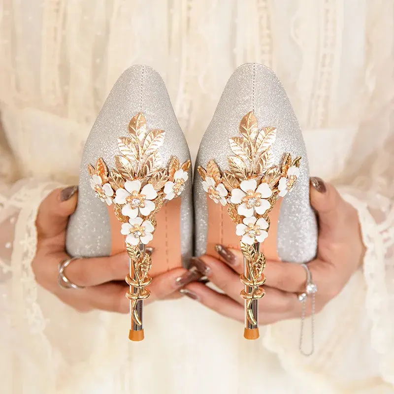 High End Metal Flower High Heels New European American Fashion Luxury Sexy Pointed Women's Shoes Banquet Party Casual Shoes