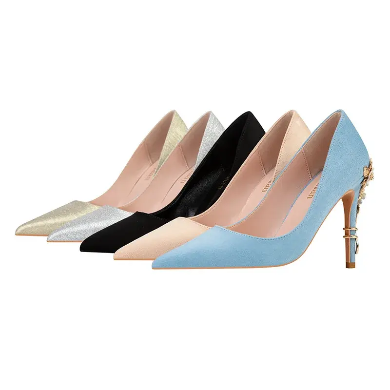 High End Metal Flower High Heels New European American Fashion Luxury Sexy Pointed Women's Shoes Banquet Party Casual Shoes