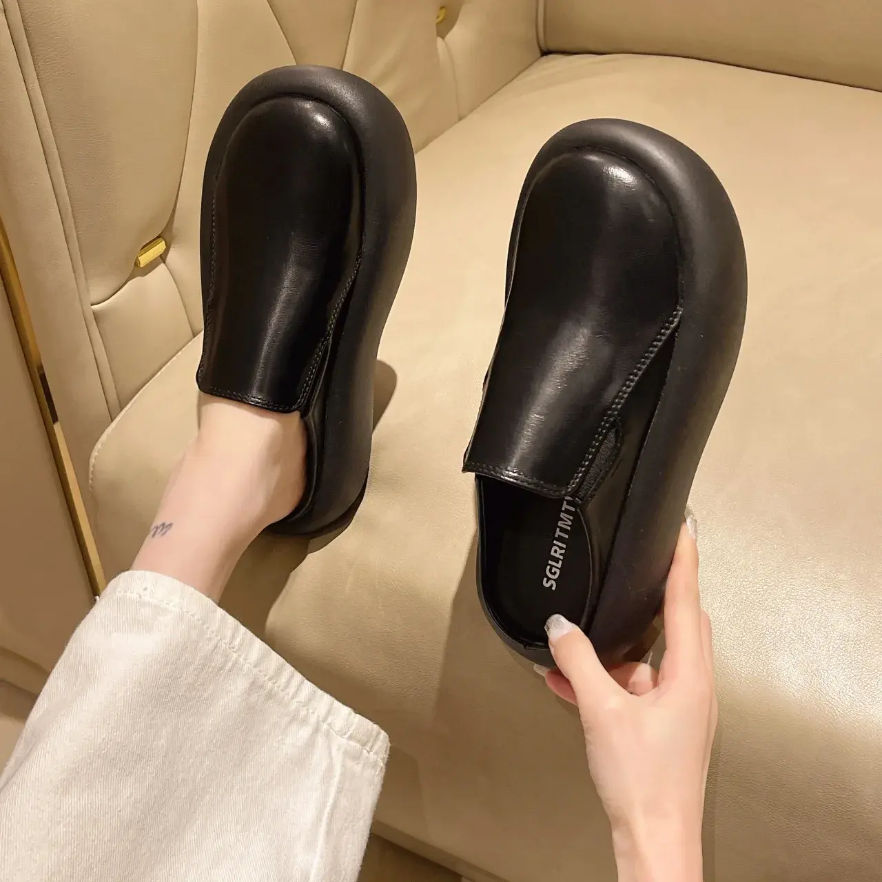 Ladies Genuine Leather Thick Sole Slippers Women Retro High Heel Mules Clogs Platform Shoes Mother Sandals Zapatos De Mujer