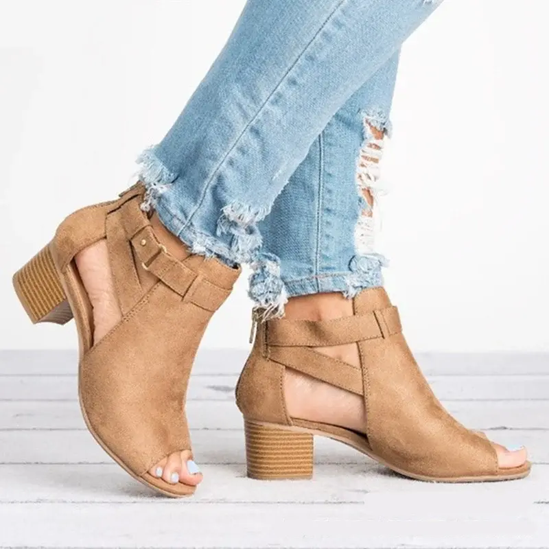 2023Women Sandals  Chunky High Heels Soild Gladiator Open Peep Toe Women Black Shoes Buckle Back Zipper Sandalias De Mujer