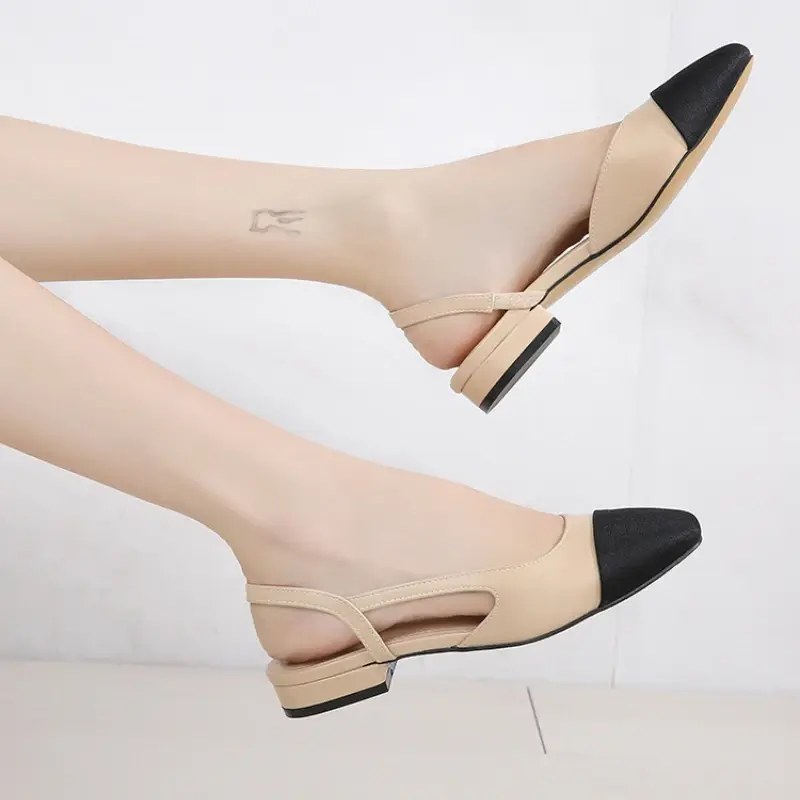 New Pointed Toe Sandals Fashion Low Square Heels Flat Shoes Korean Color Matching Party Ladies Shoes Chaussure Femme 2024