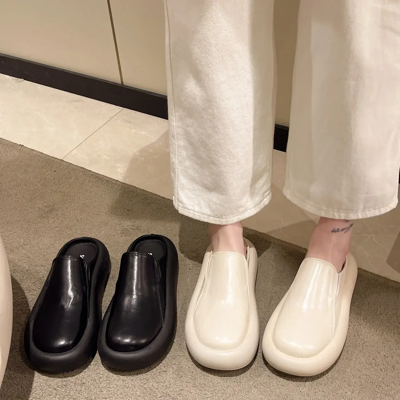 Ladies Genuine Leather Thick Sole Slippers Women Retro High Heel Mules Clogs Platform Shoes Mother Sandals Zapatos De Mujer