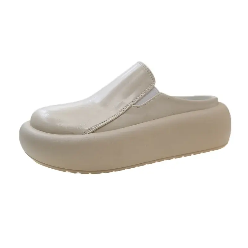 Ladies Genuine Leather Thick Sole Slippers Women Retro High Heel Mules Clogs Platform Shoes Mother Sandals Zapatos De Mujer