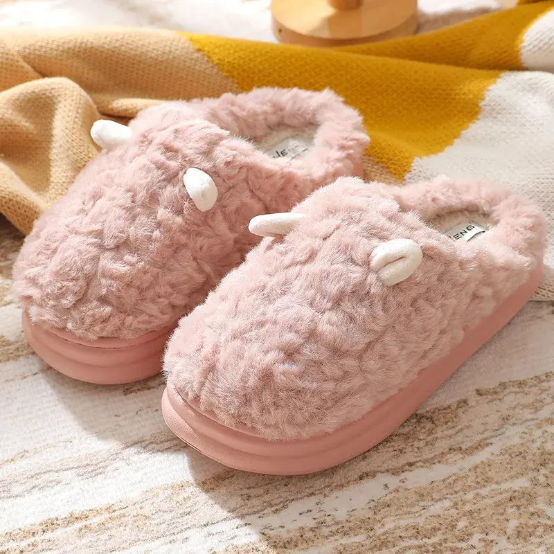 Women's Slippers  Winter New Cartoon Home Couple Warm Non Slip Plush Cotton Slippers Thick Soled Floor Anti Cold Slippers