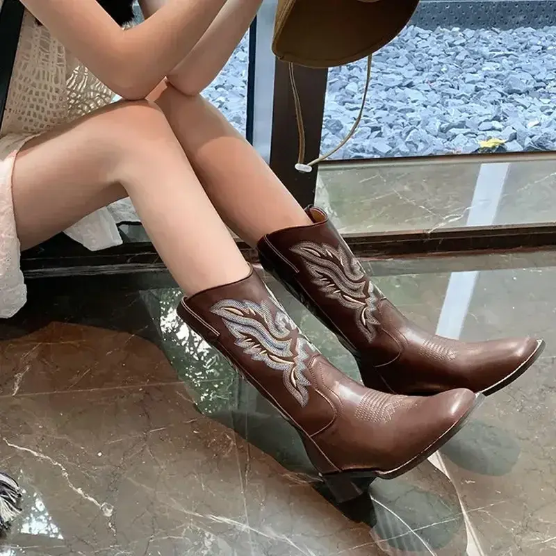Women Retro Mid Calf Western Cowboy Motorcycle Boots Female Autumn Embroidered Square Toe Chunky Heel Fashion Design Brown Boots