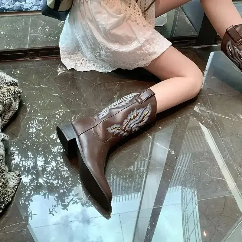Women Retro Mid Calf Western Cowboy Motorcycle Boots Female Autumn Embroidered Square Toe Chunky Heel Fashion Design Brown Boots