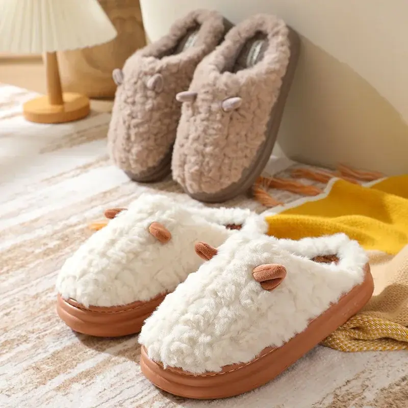 Women's Slippers  Winter New Cartoon Home Couple Warm Non Slip Plush Cotton Slippers Thick Soled Floor Anti Cold Slippers
