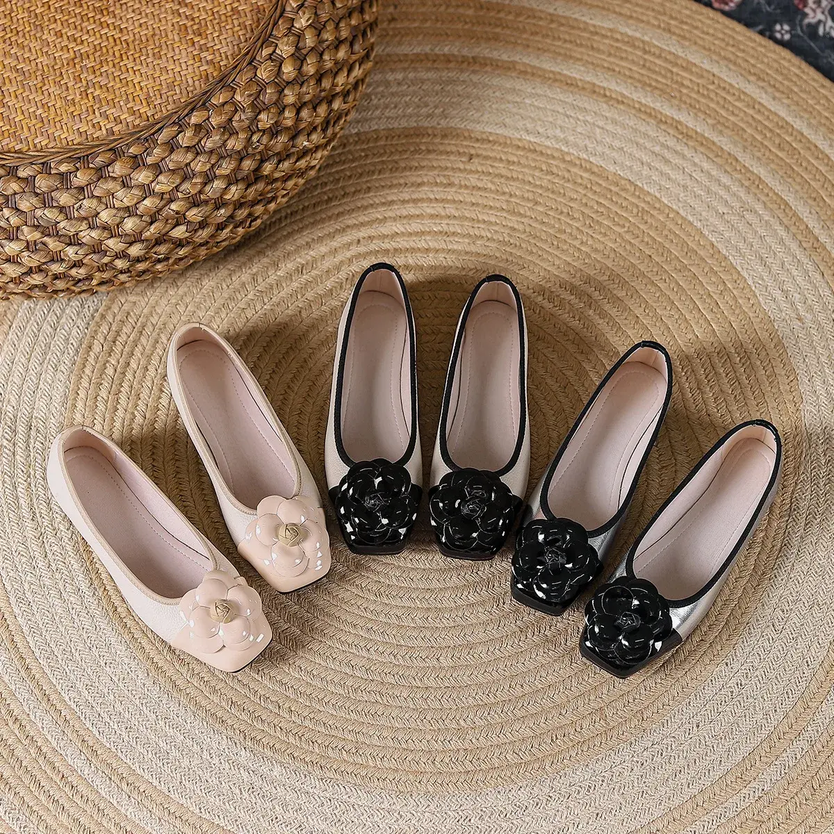 Brand Designer Square Toe Silver Camellia Flat Shoes Women's Comfortable Soft Sole Shallow Mouth Slip on Casual Loafer 2023